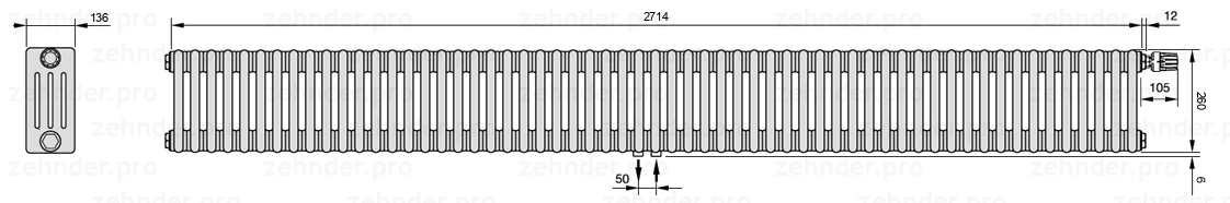 Схема (чертеж) Радиатор Zehnder Charleston 4026/59 №V008 Белый глянцевый RAL 9016